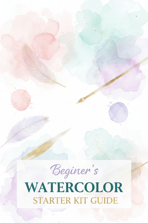 Beginner's Watercolor Starter Kit Guide cover with soft pastel watercolor splashes